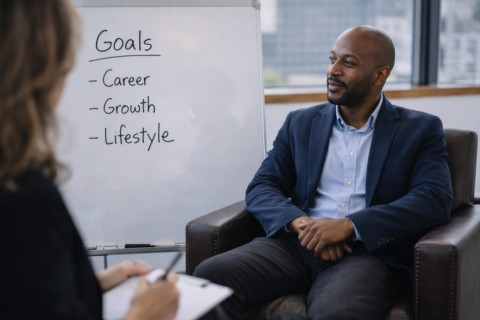 coaching for Men in California and idaho, man next to a whiteboard talking about his goals